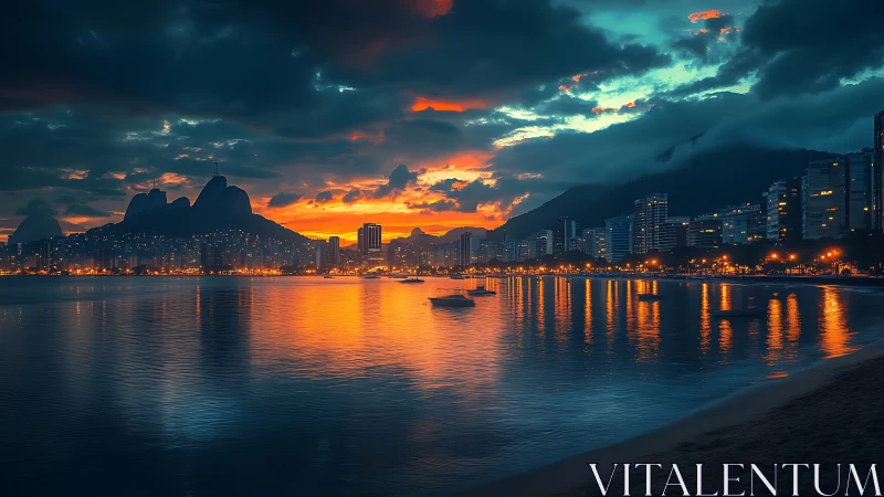 Dramatic coastal city skyline under fiery sunset sky.