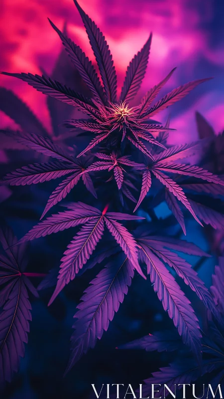 Chromatic cannabis foliage under neon-gradient bokeh lighting.