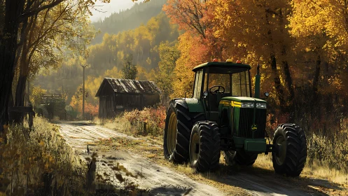 Green tractor on rustic autumn farm road with golden foliage.