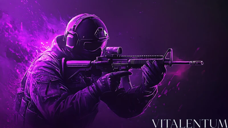 Tactical operator with carbine rifle in neon magenta lighting