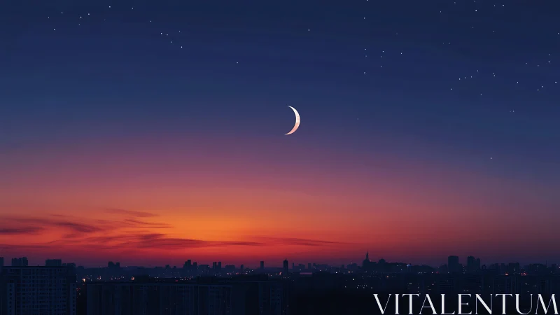 Crescent moon over city skyline at deep blue sunset.