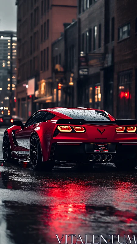 Red sports coupe glows on wet downtown street at dusk.