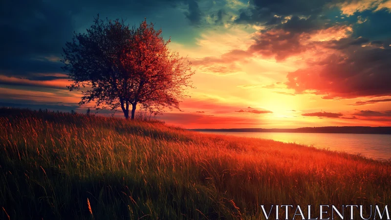 Sunset ignites lone lakeside tree over windswept field.