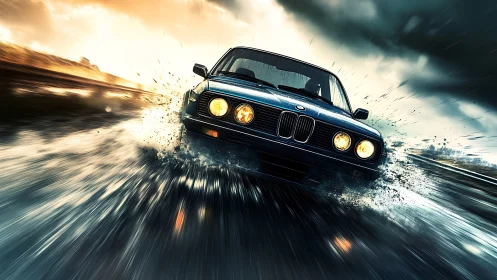 Rain-soaked road sends a classic car charging through storm light