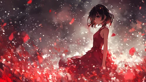 Girl in red dress standing in glowing red flower field.