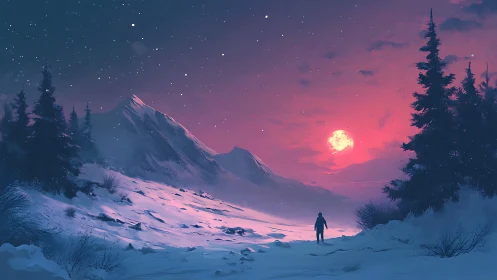 Solitary figure in magenta twilight over alpine snowfield.