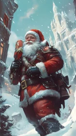 Snowy city Santa striding through a sparkling winter night.