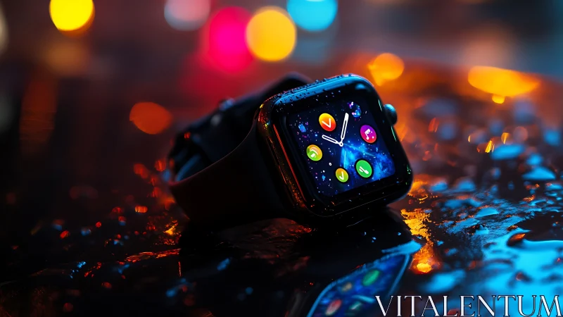 Colorful smart watch glowing softly on a rainy night street.
