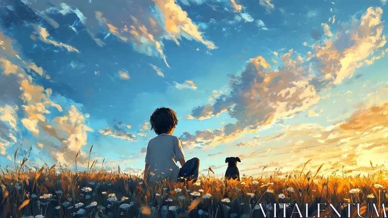 Boy and dog trade quiet secrets with the burning evening sky