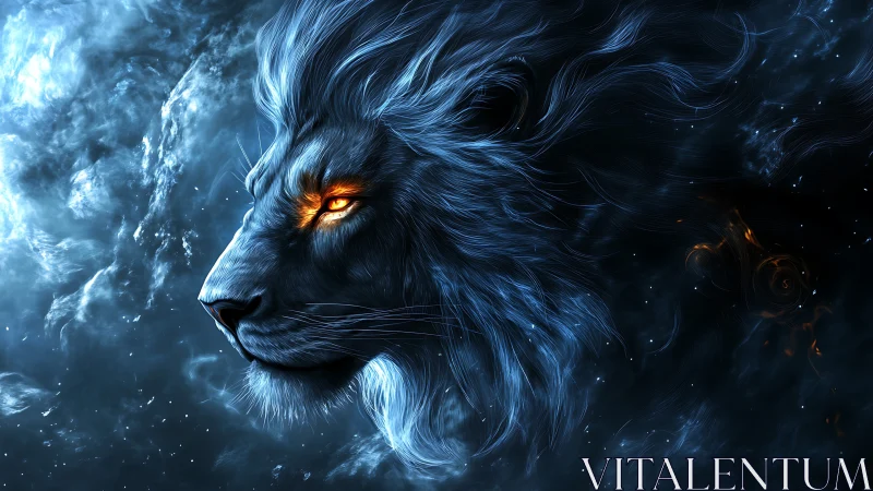 Celestial blue lion profile with glowing ember eye.