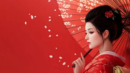 Elegant geisha profile framed by red umbrella and petals.