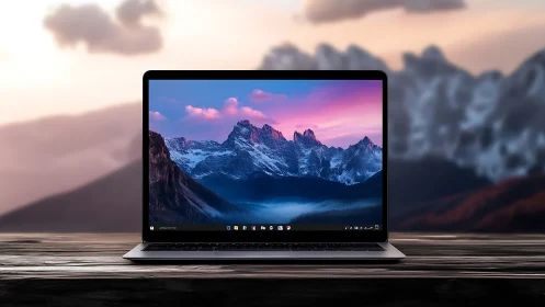 Laptop display framing alpine skyline in balanced bokeh scene.