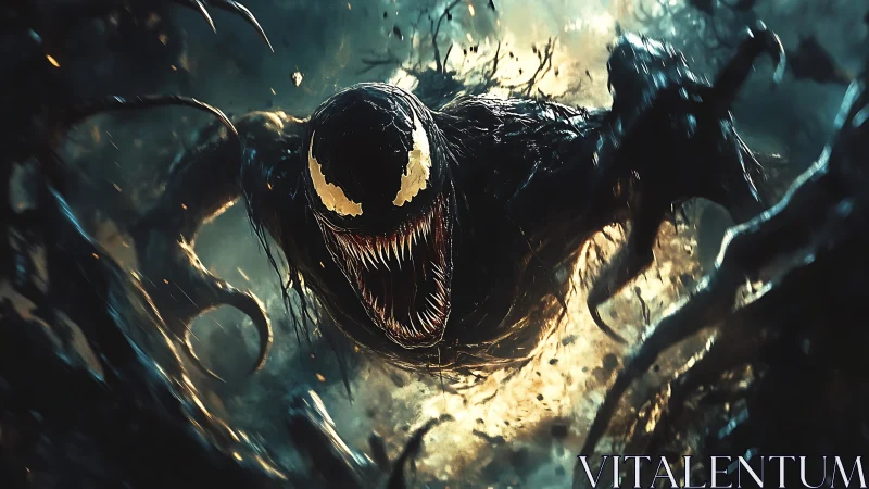 Teeth-first shadow beast erupts from a storm of black tendrils