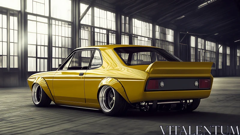 Widebody yellow classic coupe with track stance in warehouse