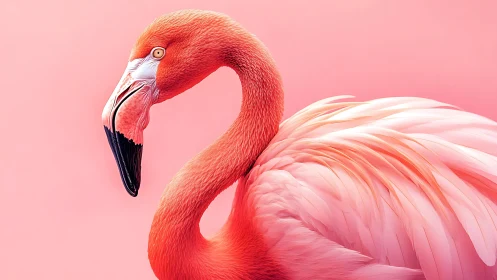 Side profile study of pink flamingo on uniform backdrop.