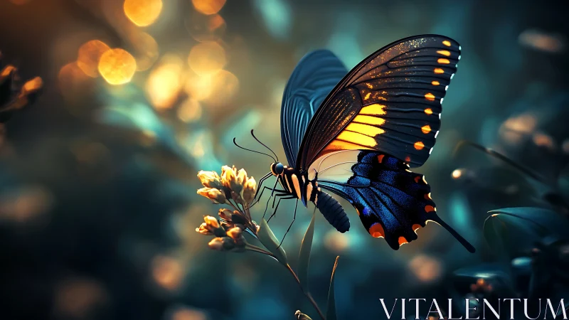 Glowing butterfly on blossom under dreamy bokeh light.