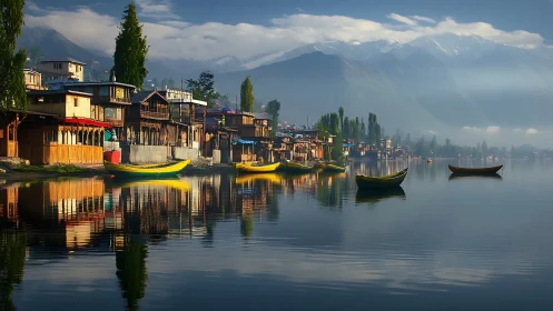 Lakeside wooden houses and bright boats under misty mountains.