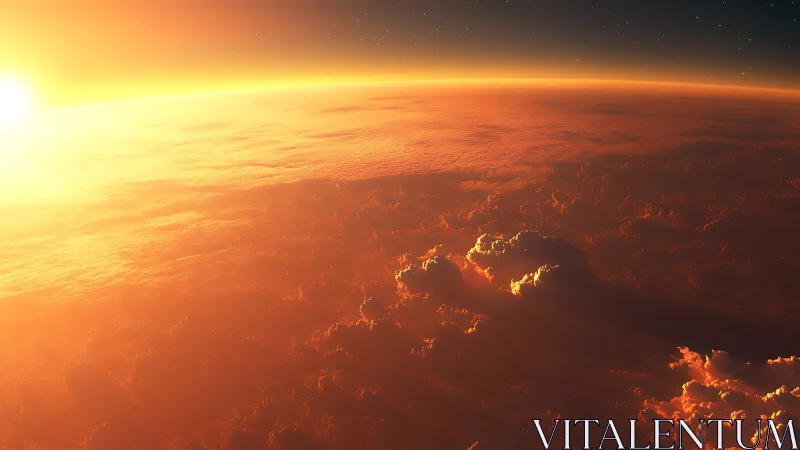 Orbital sunrise illuminates dense glowing cloud horizon
