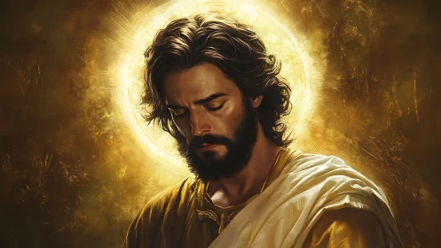 Devotional portrait with radiant halo and chiaroscuro lighting