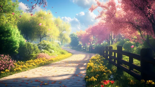 Sunlit garden path runs between flowering trees and fence