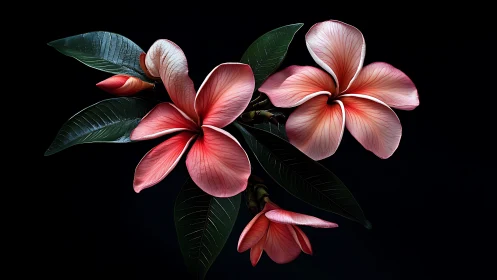 Pink Plumeria Flowers with Green Foliage on Black Background