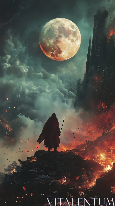 Lone cloaked warrior under full moon in burning canyon.