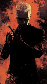 Solitary gunman stands in stark silhouette against burning backdrop