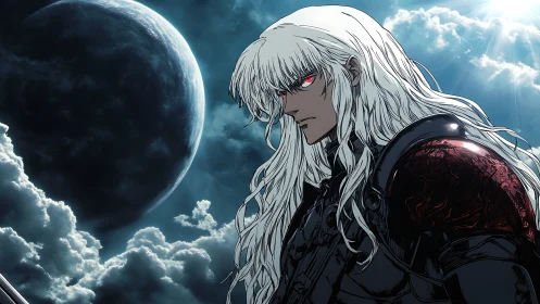 Silver-haired warrior under eclipsed cosmic moonlight.