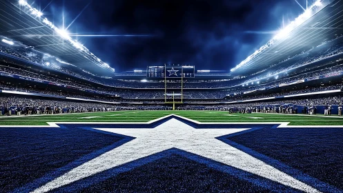 Night football stadium with bold midfield star logo view.