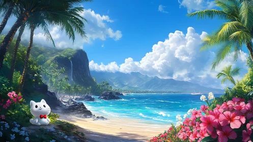 Digital Landscape with Maneki-neko Icon on Tropical Islet.