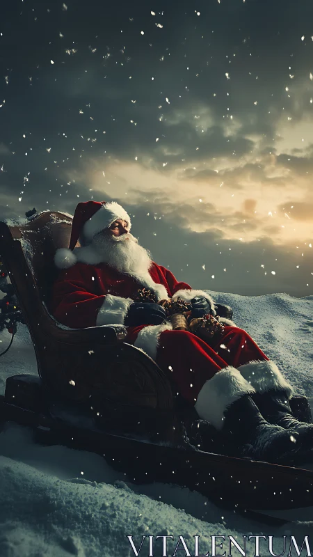 Gentle Santa enjoys a quiet sleigh pause in falling snow