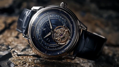 Astral blue tourbillon wristwatch on textured stone surface