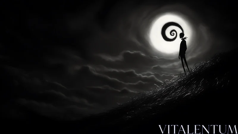 Silhouetted figure on hillside beneath spiral full moon.
