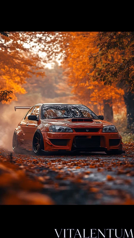Modified orange sports car accelerates through autumn forest lane
