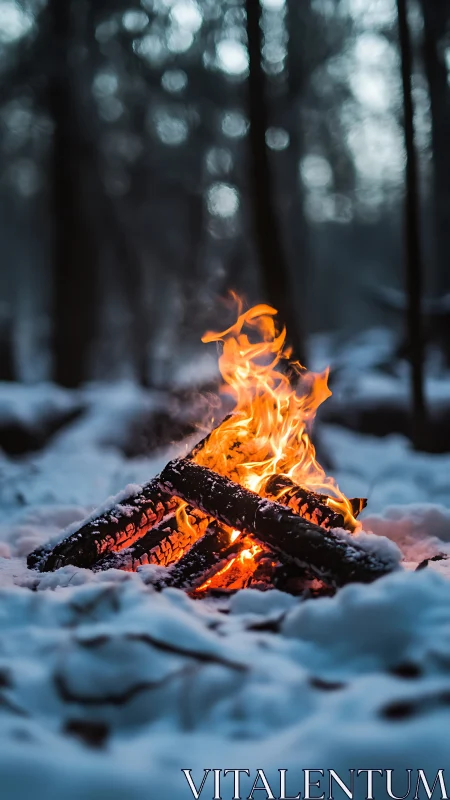 Campfire burning in snow surrounded by dark winter forest
