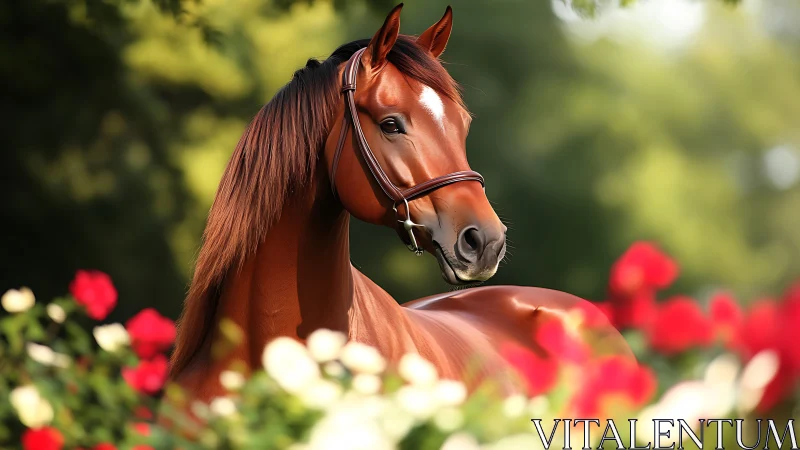 Graceful chestnut horse resting among sunlit garden roses.