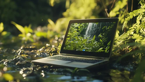 Laptop daydreams in a forest stream of liquid sunlight.