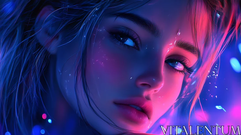 Neon-lit digital portrait of reflective young woman face.