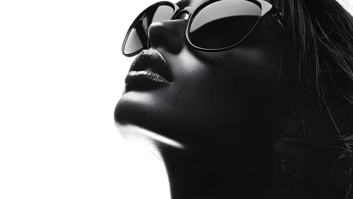 Striking black and white portrait of woman in sunglasses, glossy finish.