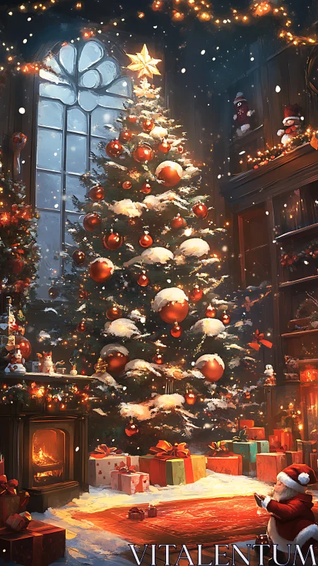 Snowlit Christmas tree in warm festive living room interior.