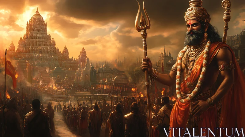 Warrior king guards burning temple city under dusk sky