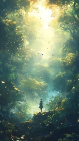 Soft forest light welcomes a quiet wanderer into its heart