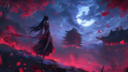 Woman overlooking moonlit pagodas amid red blossoms.