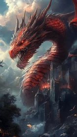 Volcanic red dragon besieging fortress under stormlight skies.