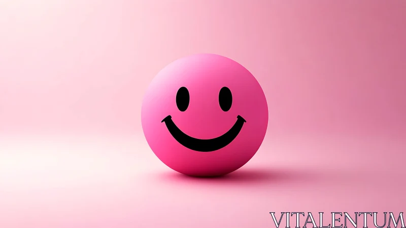 Pink smiley sphere rests on smooth monochrome background