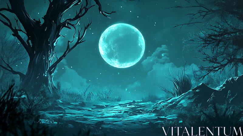 Moonlit clearing hums softly between skeletal forest shapes