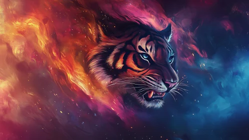 Tiger head rendered in swirling red and blue digital nebula