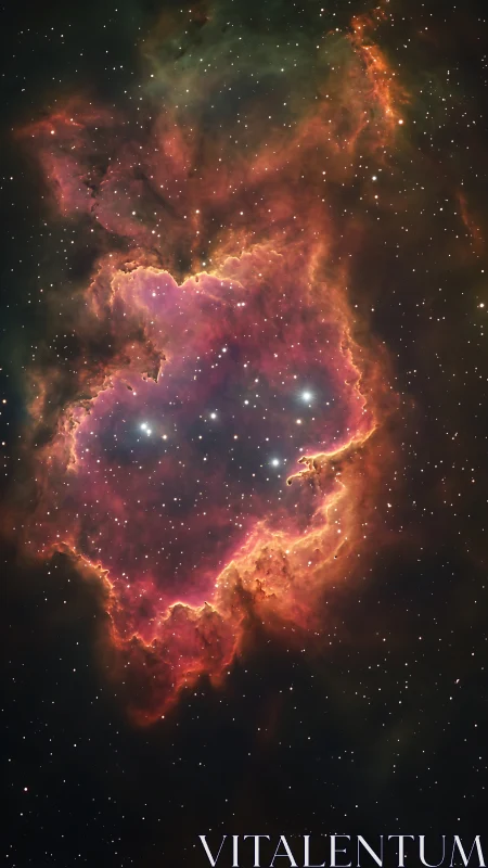 Nebula heart glows while newborn stars pierce cosmic velvet
