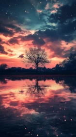 Solitary tree silhouette mirrored in reflective lakeside scene.