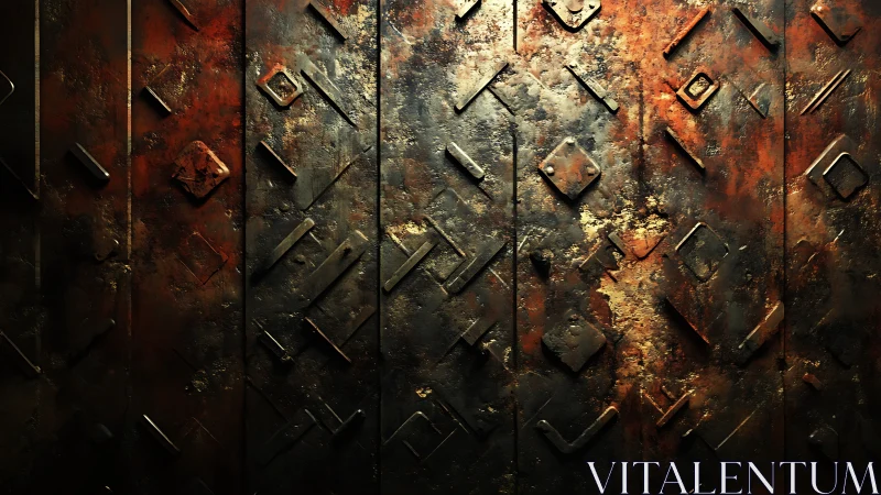Rusted geometric metal wall glows with industrial warmth.